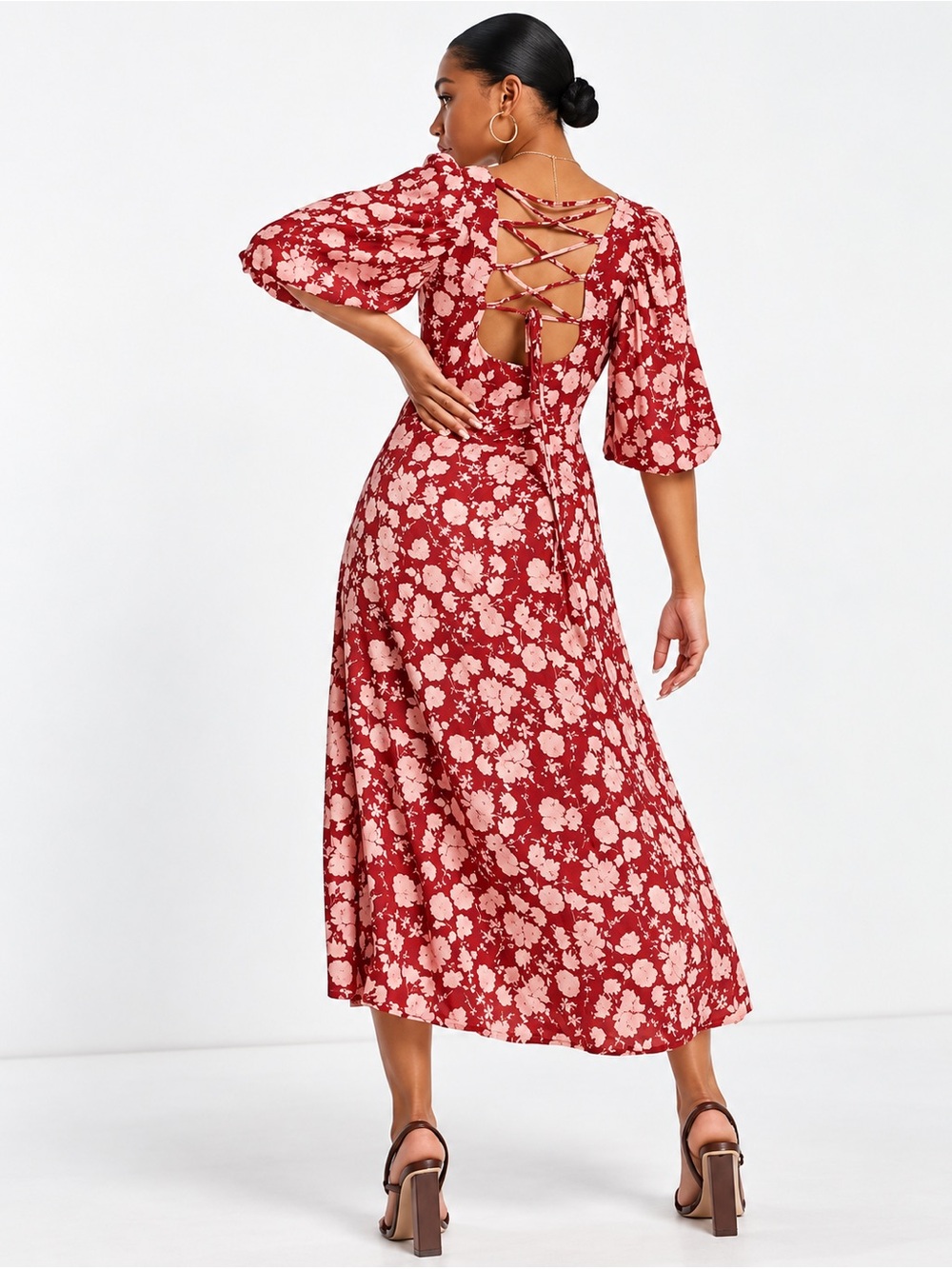 Nobody’s Child Kenya Red Pink Floral Puff Sleeve Midi Dress Lace Up Back Size 2